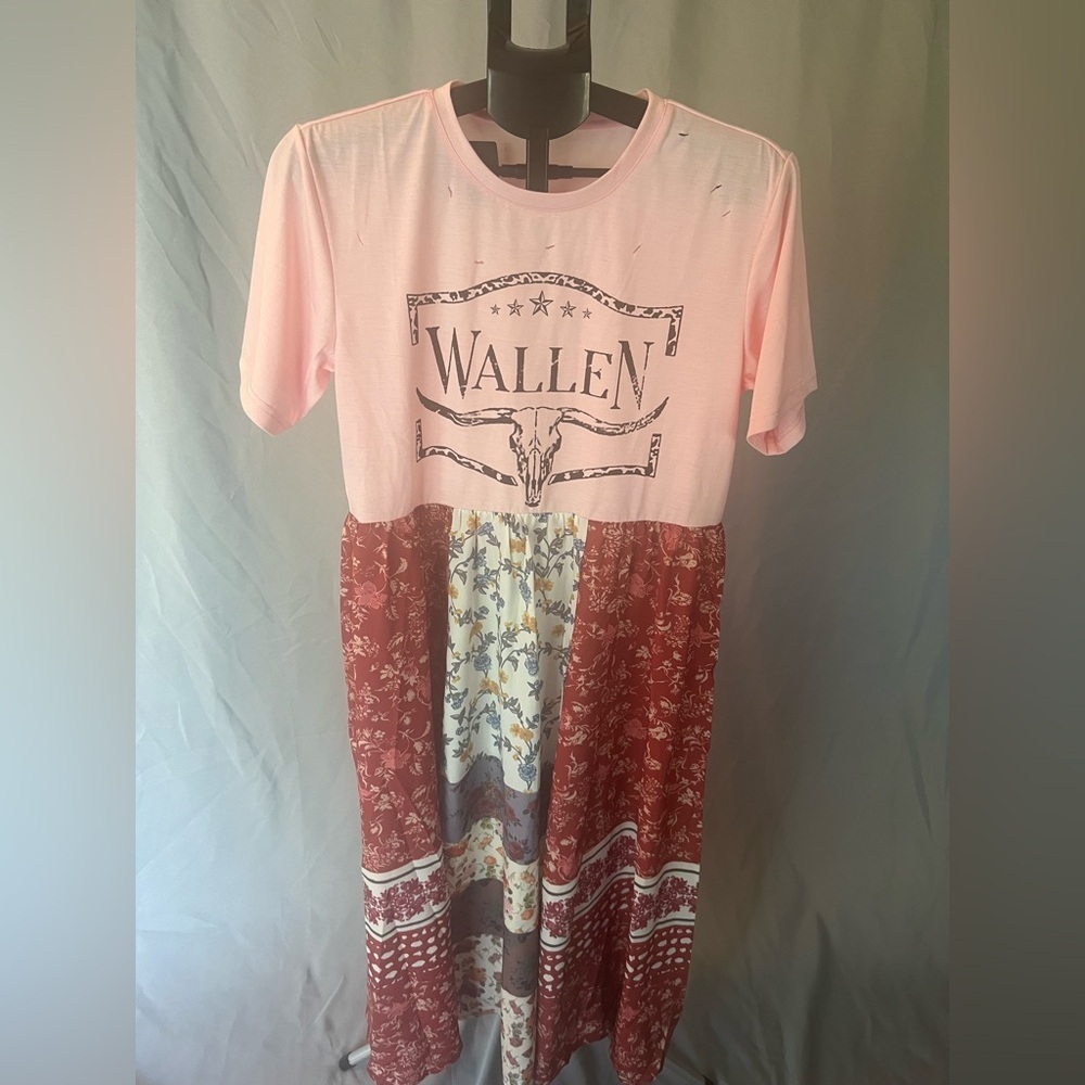 NWOT Pink and Red distressed Wallen Graphic Dress